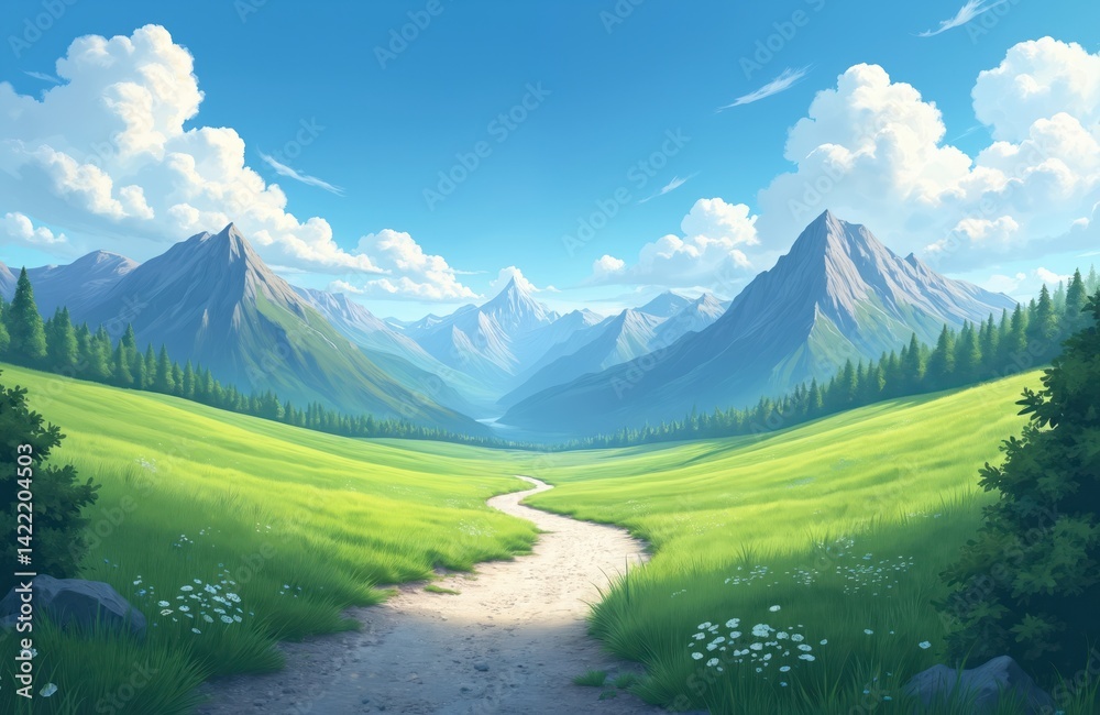 Fototapeta premium Illustration of serene landscape, winding path through rich green grass. Majestic mountains against blue sky with fluffy white clouds, create peaceful scenery. Nature scene encourages journey,