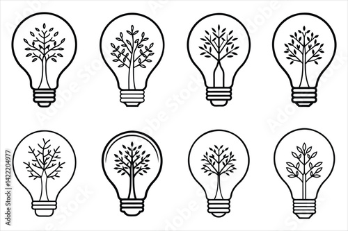 line art illustration of a light bulb with a detailed tree growing inside