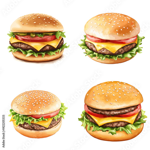 Realistic cheeseburgers with lettuce, tomato, and melted cheese in sesame buns, perfect for fast food, menu design, or culinary-themed illustrations.

