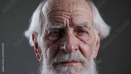 Close-up video portrait of elderly man with long white hair, wrinkled skin, and beard, looking into camera with calm and serious expression on dark background