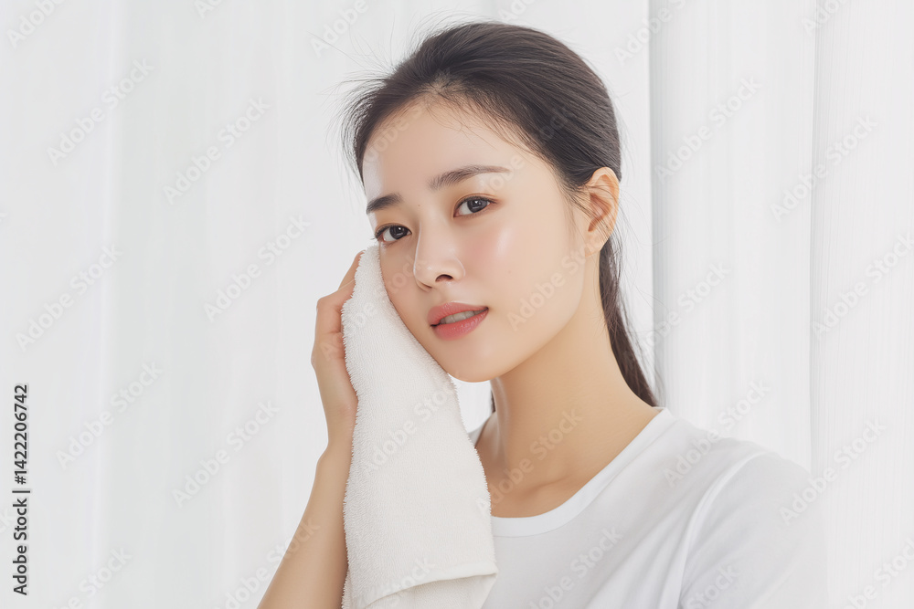 Fresh-Faced Young Woman Gently Wiping Her Face with Soft White Towel in Bright Natural Light Indoors Fresh-Faced Young Woman Gently Wiping Her Face with Soft White Towel in Bright Natural Light Indoors