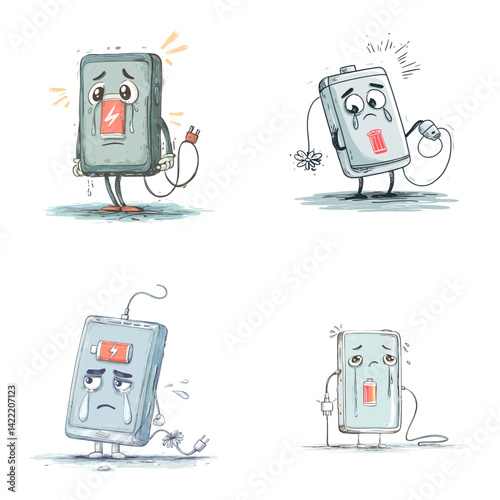 Cute cartoon batteries showing low energy and sad expressions. Ideal for tech comics, energy awareness illustrations, or metaphorical fatigue concepts.

