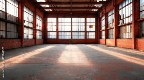 An intriguing image of a spacious, vacant industrial area filled with beams of light filtering through large windows, evoking a sense of abandonment and artistic potential.