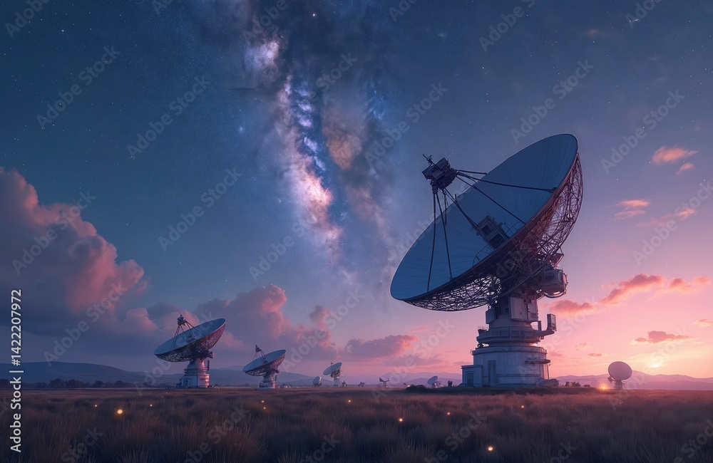 Illustration depicts giant radio telescope array observing night sky, Milky Way galaxy. Parabolic antennas in field. Nightscape astronomy, space exploration, science, communications, tech concept. Illustration depicts giant radio telescope array observing night sky, Milky Way galaxy. Parabolic antennas in field. Nightscape astronomy, space exploration, science, communications, tech concept.
