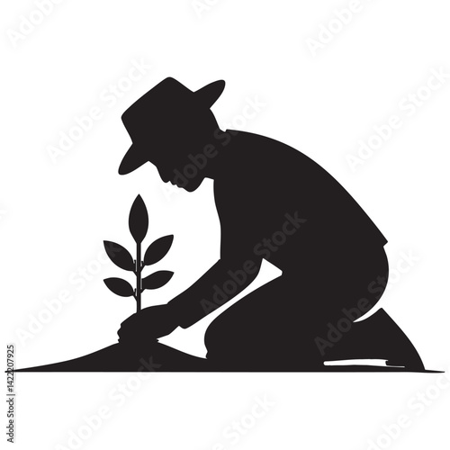 Silhouette of Person Planting Tree – Ecology and Green Living Symbol