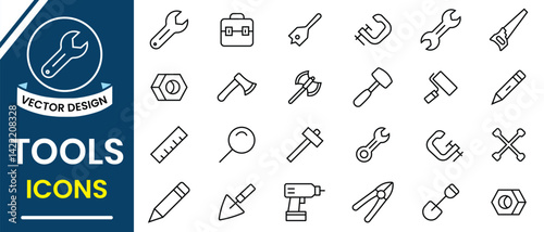 Repair tools icon set. Tool and construction Instrument thin line icons vector set with maintenance, cutting, ruler, service, plunger,  knife, sickle, scythe, hatchet, and drill.  Vector illustration.