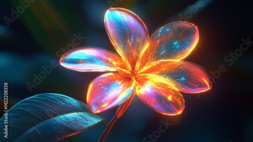Dreamcore Plumeria exotic bloom isolated. Chrome liquid metal flower. 3D render, modern design. Holographic futuristic floral icon. Y2K, brutalism retro futurism concept.