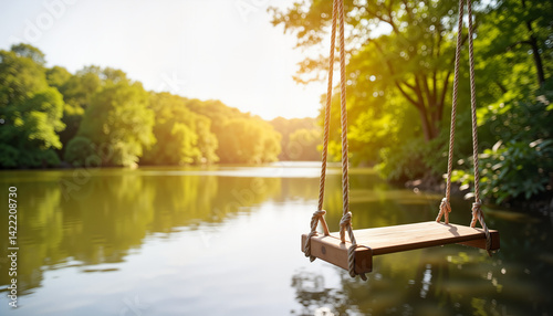 Wooden swing hanging over serene lake with lush greenery  