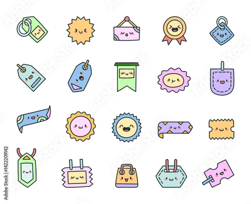 Charming discount tag label and badge character set with various adorable emotions like smiling, sleeping, laughing, and resting in cute kawaii cartoon style for design use