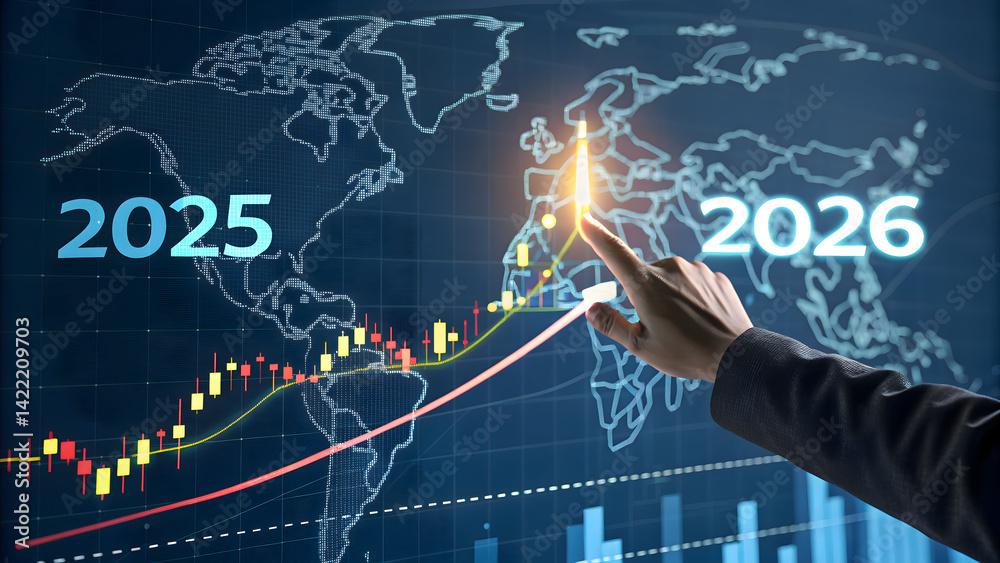 Naklejka premium Businessman interacting with virtual graph on digital interface screen 2025, 2026