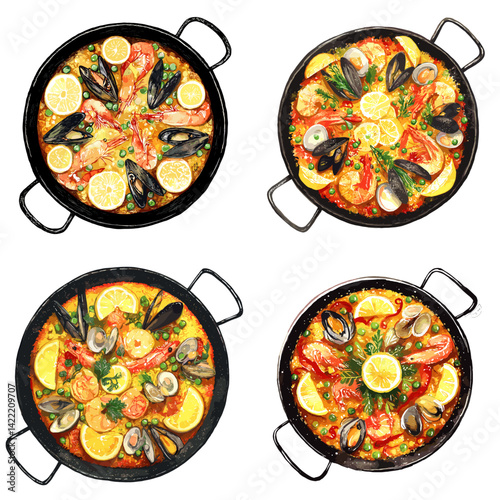 Realistic top-view watercolor paella with seafood, lemon, and herbs in traditional pans. Great for Spanish cuisine branding, menu design, or culinary visuals.

