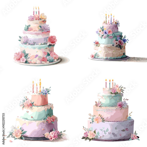 Pastel floral wedding cakes in elegant multi-tiered design with candles. Watercolor style perfect for wedding invitations, cake shop branding, or celebration graphics.

