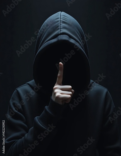 Mysterious Figure in a Dark Hoodie Making a Silent Gesture