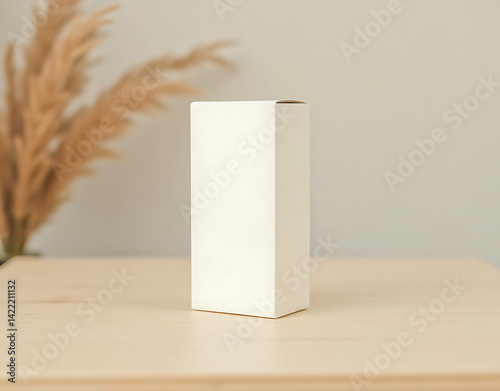 Minimalist Cardboard Box Template On a Wooden Table With Soft Natural Background