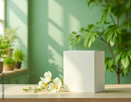 Template for placement design. White Box with Flowers on Wooden Table in a Green Room