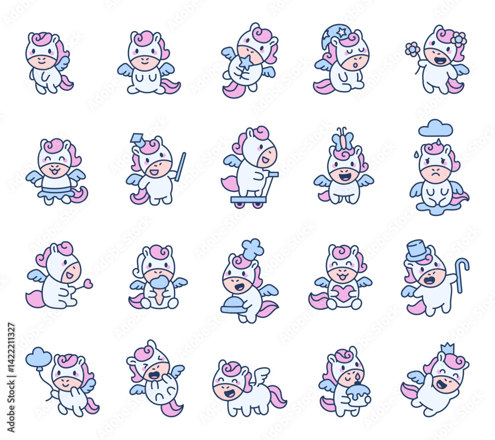 Cute cartoon pegasus character set showing various charming emotions and magical activities like flying, sleeping, dancing, holding heart, and eating desserts for yours illustrations Cute cartoon pegasus character set showing various charming emotions and magical activities like flying, sleeping, dancing, holding heart, and eating desserts for yours illustrations