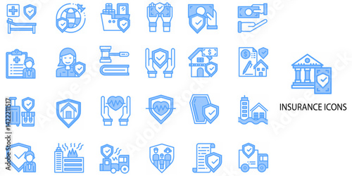 Insurance simple concept 24 color icons set. Contains such insurance, symbol, car, confidence, .Vector illustration.