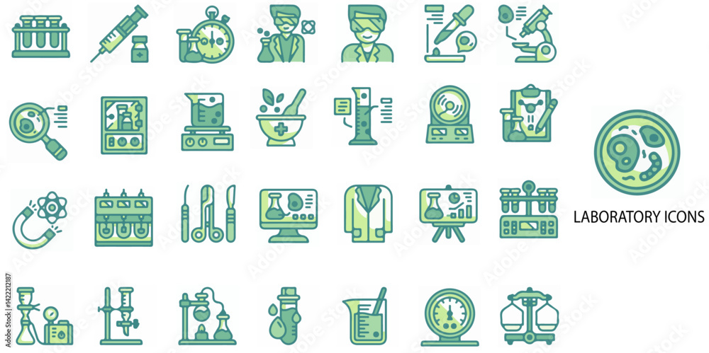 Fototapeta premium Laboratory simple concept 28 color icons set. Contains such biology, bulb, chemical, chemistry .Vector illustration.