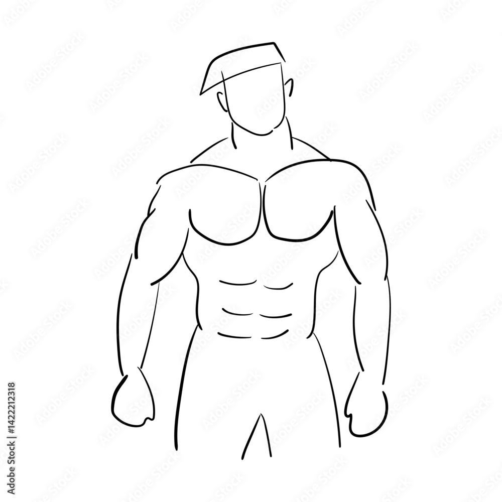 Fototapeta premium Line art illustration of a muscular man with defined abs and chest.