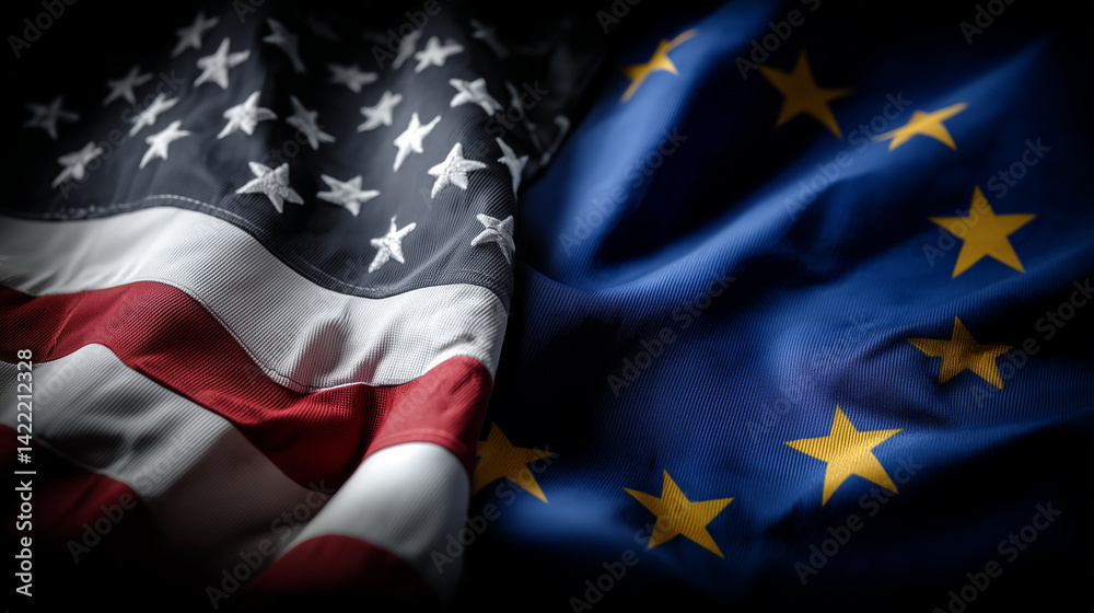 Flags of USA and EU are signifying international relations, cooperation or conflict between countries Flags of USA and EU are signifying international relations, cooperation or conflict between countries