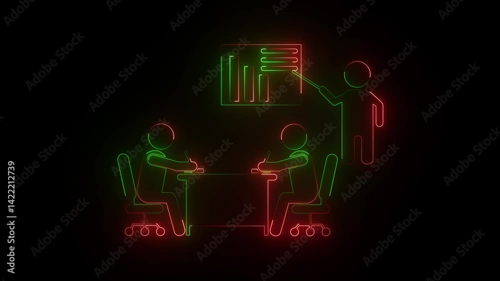 Neon glowing Meeting, presentation, training icon animation on background.
Neon glowing Meeting, presentation, training icon animation on background.