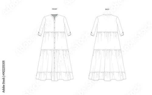 Tier-dress-fashion-CAD,-template,-flat.technical-drawing,-dress-sketch,-Jersey-or-woven-fabric-dress-with-front,-back-view