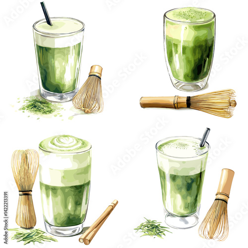 Watercolor illustration of matcha green tea lattes with bamboo whisks and powdered matcha. Perfect for tea lovers, Japanese traditions, healthy beverages, and natural lifestyle themes.

