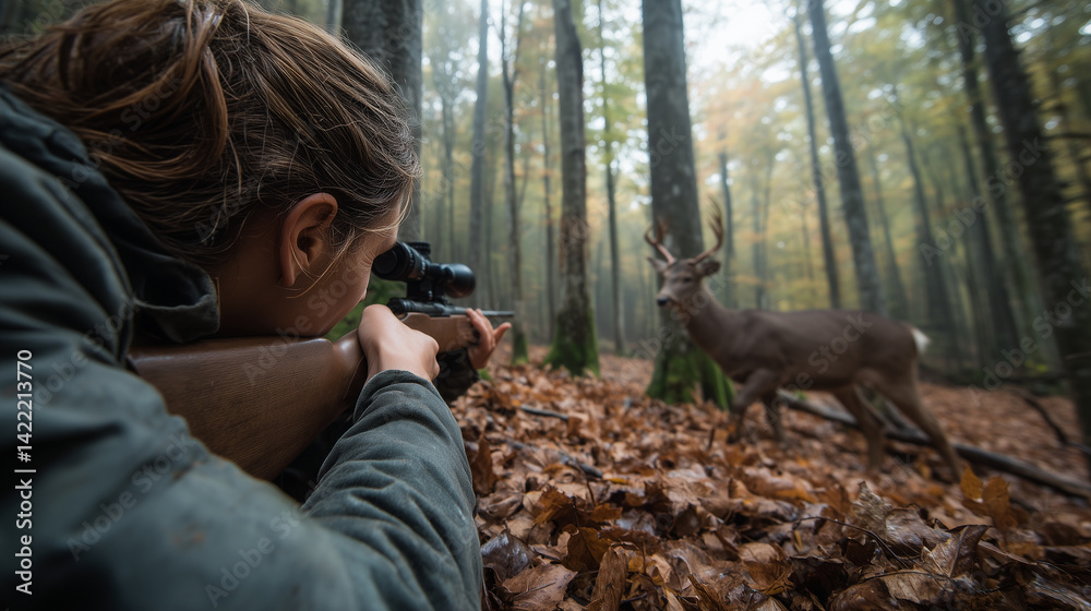 Female hunter targeting large deer with telescopic rifle amid vibrant autumn forest foliage, showcasing hunting preparedness