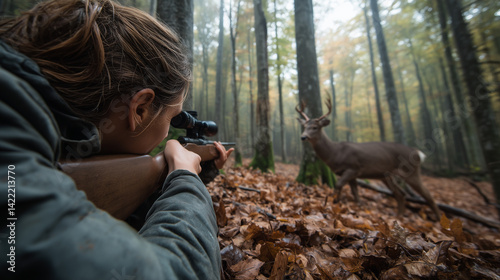 Female hunter targeting large deer with telescopic rifle amid vibrant autumn forest foliage, showcasing hunting preparedness