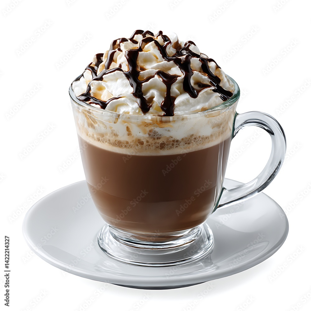 A clear glass cup of mocha coffee topped with a generous swirl of whipped cream and chocolate drizzle, isolated on a white background A clear glass cup of mocha coffee topped with a generous swirl of whipped cream and chocolate drizzle, isolated on a white background