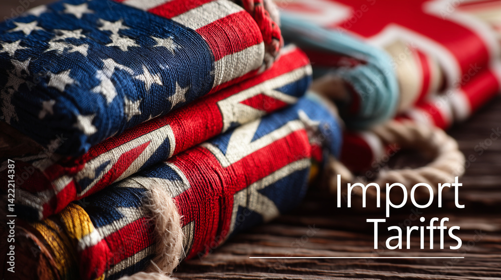 Folded flags of United Kingdom and United States on a wooden table, representing import tariffs and trade wars