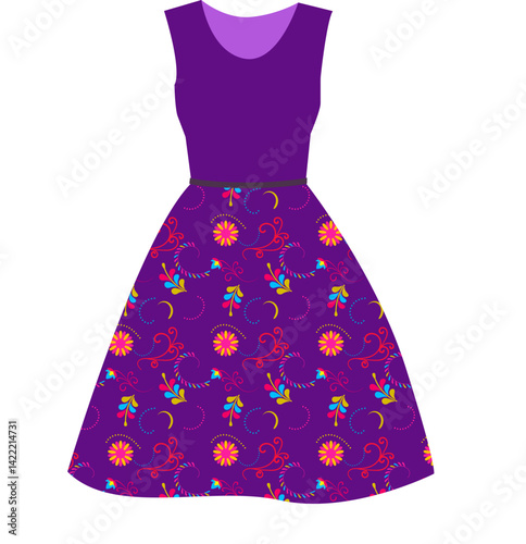 This dress features a traditional Mexican pattern with colorful floral and swirl motifs, paying tribute to cultural heritage with a festive feel.
