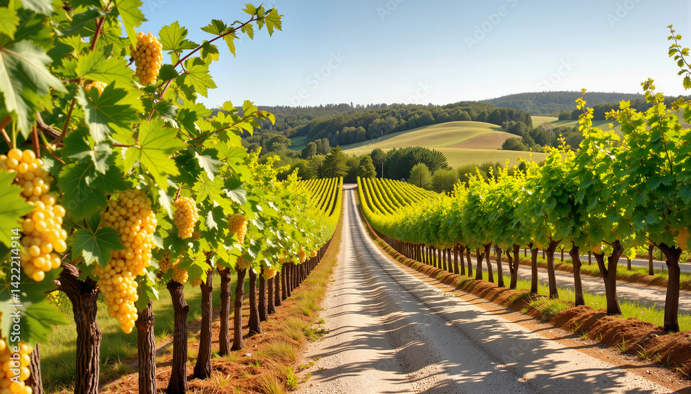 Naklejka premium Lush vineyard landscape with ripe grapes under a clear sky 