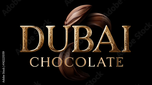 Obraz na płótnie Luxurious Dubai chocolate brand logo featuring golden lettering and elegant chocolate shapes, evoking premium quality and indulgence w salonie