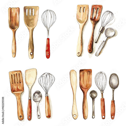 Watercolor illustration of wooden kitchen utensils including spatulas, whisks, and spoons. Perfect for cooking themes, rustic kitchen decor, and culinary design projects.

