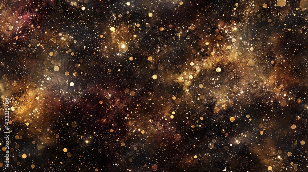 Naklejka premium Gold and black background with many small gold and black dots. The dots are scattered all over the background, creating a sense of movement and energy. The image is abstract and has a dreamy
