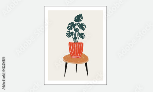 Money plant abstract modern painting. Plant design for fashion, top, dress, graphics, slogan tee, posters and others. flower pottery.  Beautiful abstract flower pot  and money plant. 