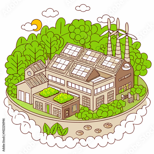 Eco-Friendly Factory with Solar Panels and Wind Turbines in Nature  