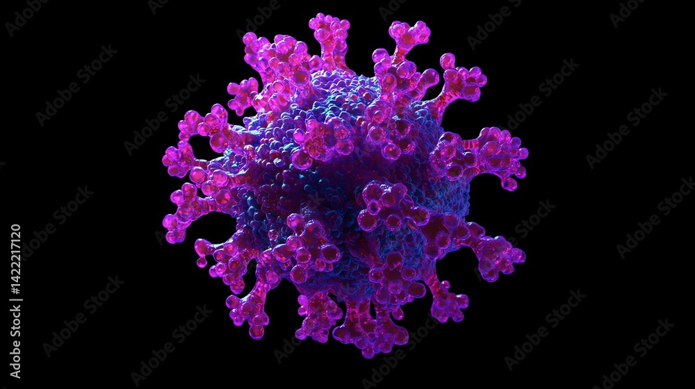 Detailed Virus Cell Rendering Against Black Backdrop Showing Viral Structure Detailed Virus Cell Rendering Against Black Backdrop Showing Viral Structure