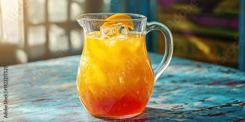 A natural fruit punch with assorted tropical juices in a colorful pitcher.