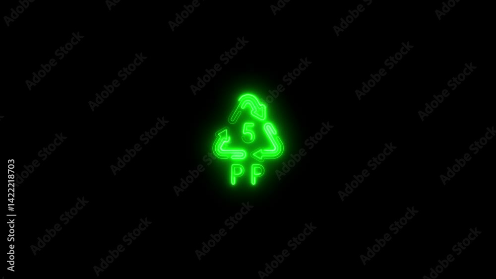 Green neon recycling symbol number five pp on a black background