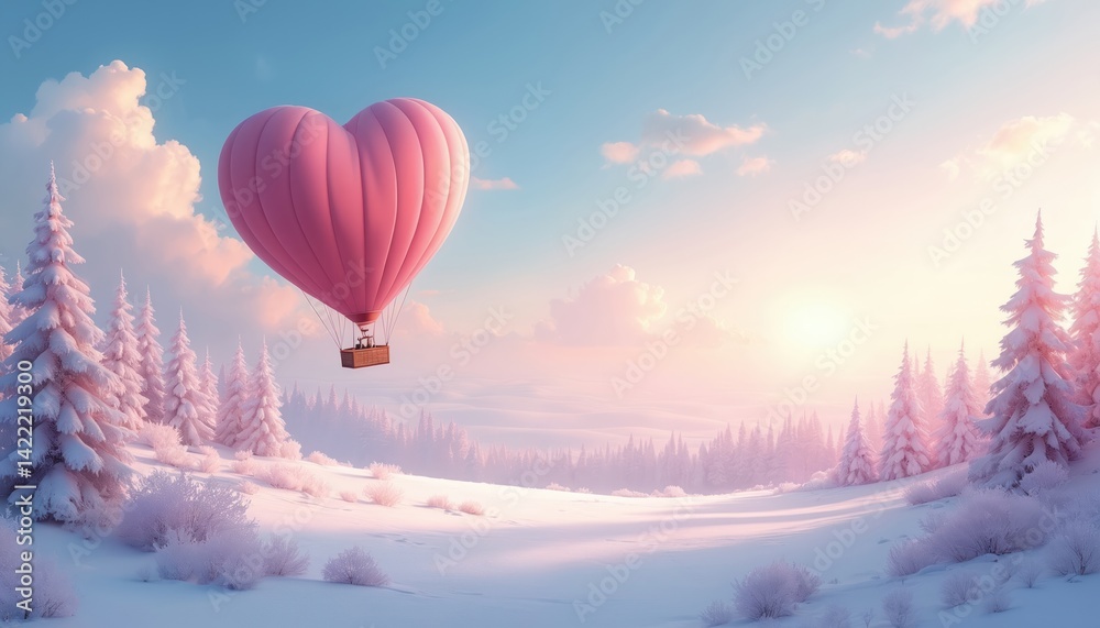 Obraz premium Romantic illustration of heart shaped hot air balloon floating above snow-covered winter forest. Pink balloon in sky, celebrating love. Valentine Day concept. Soft dreamy light, nature landscape