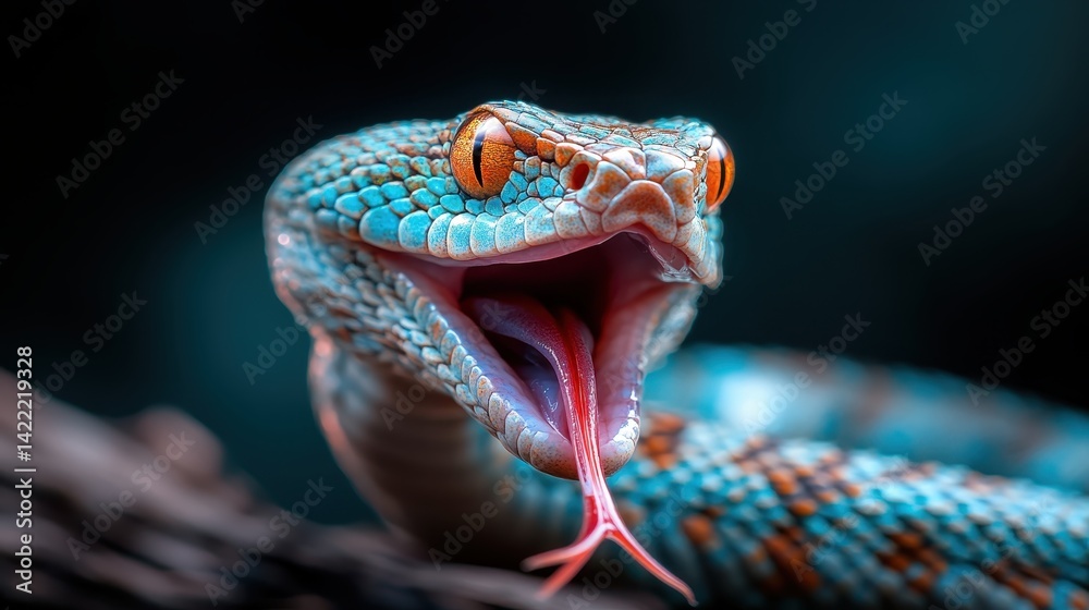 Fototapeta premium Captivating close-up of a stunning snake displaying vibrant colors and an expressive open mouth, showcasing the beauty of nature and its intriguing creatures.
