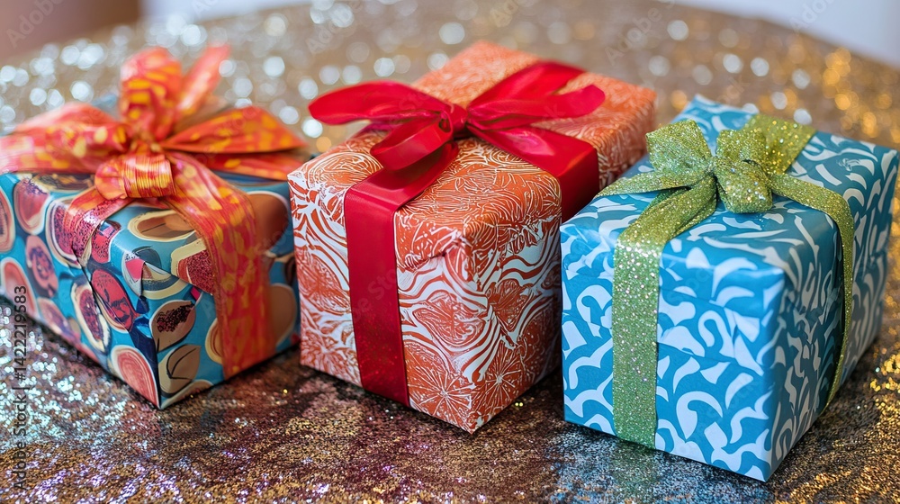 Fototapeta premium Wrapped birthday gifts in colorful patterns and ribbons on a glittery tablecloth