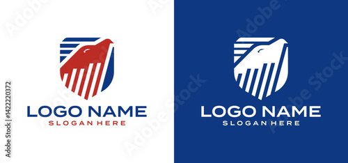 Illustration of an eagle head design. Eagle head vector logo with shield that has a strong and sturdy effect.