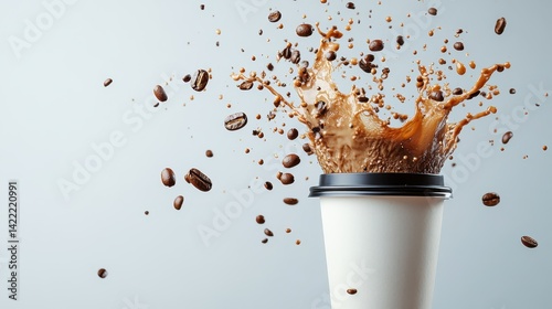 A dynamic splash of coffee erupting from a white cup surrounded by scattered coffee beans, capturing the essence of energy and vigor against a neutral gray background.