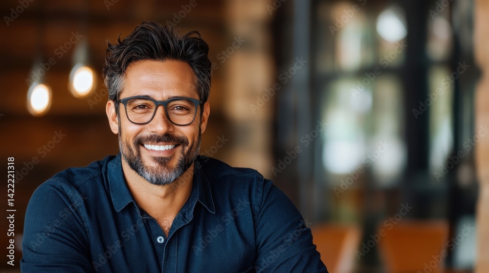 A smiling stylish man with a well-groomed beard sits in a cozy cafe, exuding warmth and friendliness, ideal for capturing moments of joy and human emotions.