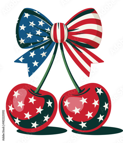 Patriotic USA Cherries with Flag Bow. Fourth of July Cherries with American Bow