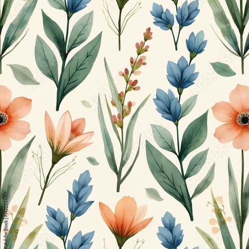 Watercolor floral pattern features muted greens peach and blue flowers on beige background. Seamless design for fabric wallpaper textile or spring summer themes. Elegant design for creative projects.