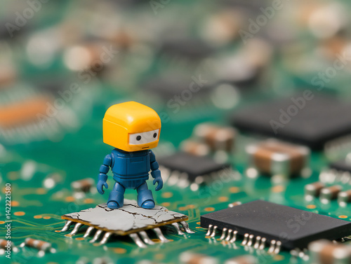 toy robot on cracked circuit board obsolescence